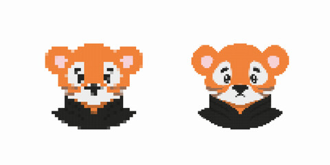 Two pixel art red panda faces, each displaying unique expressions. the digital style is simple.