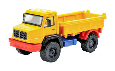 Bright yellow toy truck for children’s playtime and imaginative adventures in various settings, cut out