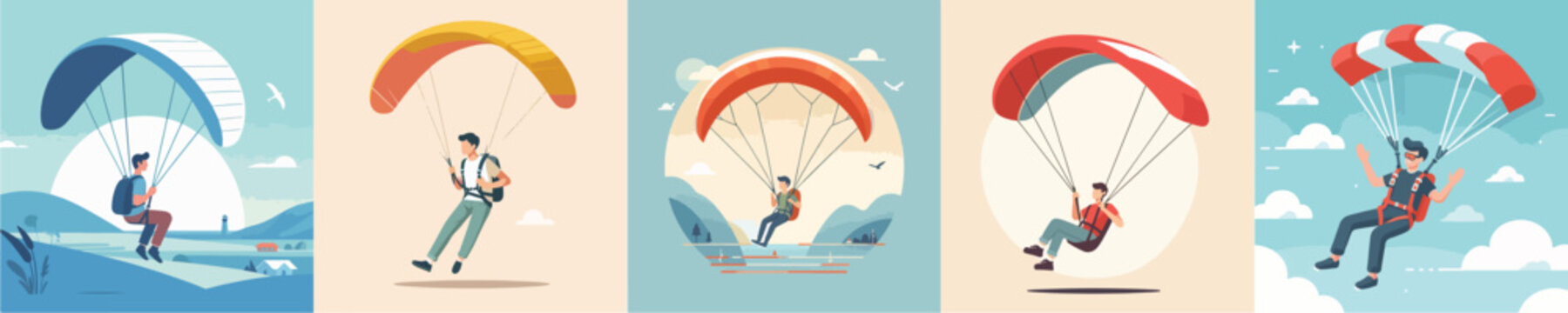 vector of young people playing paragliding