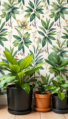 Obraz premium Real and faux houseplants against a botanical design wallpaper, low-poly. with white shades