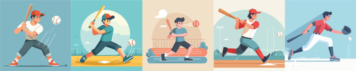 vector of young men playing baseball