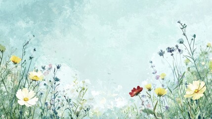 A painting of a field of flowers with a blue sky in the background