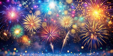 Naklejka premium Colorful fireworks exploding in the sky with glittering confetti falling down, festive, light show