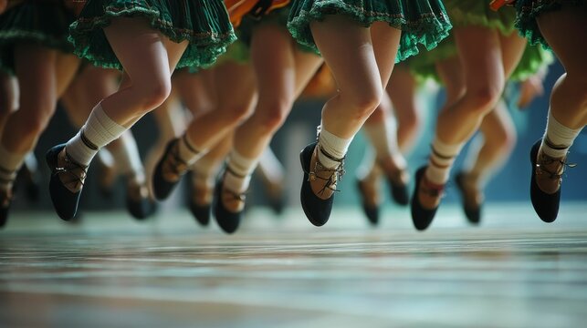 Dancers leap into air performing traditional Irish step dance.