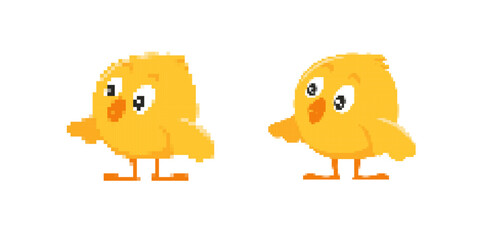Two pixelated yellow chickens walking with cartoon features. designed in a playful and cute style.