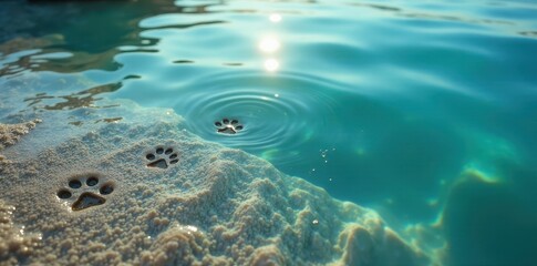 Fototapeta premium Two sets of small paw prints, leading into water , summer, water