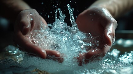 Fototapeta premium Closeup of Hands Cupping Splashing Water with Bubbles Against Dark Background