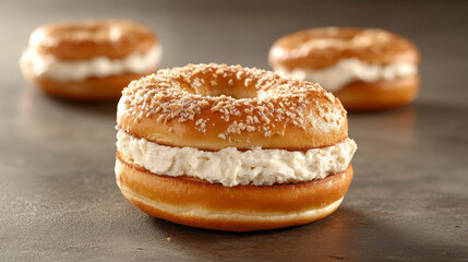 Three freshly made donuts sit on a dark surface, one prominently showcasing creamy filling between two fluffy layers. The tempting treat is topped with fine crumbs, enhancing its appeal