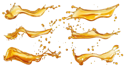 Set of golden liquid splashes with dynamic motion and droplets isolated on a white background. PNG