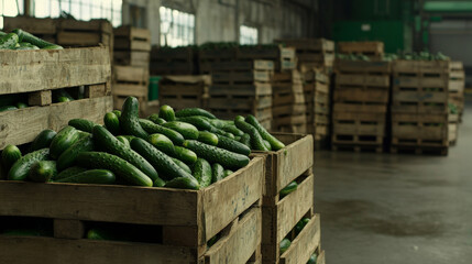 Rows of wooden crates filled with shiny green cucumbers are neatly arranged in a spacious warehouse. Natural light filters in through large windows, illuminating the fresh produce