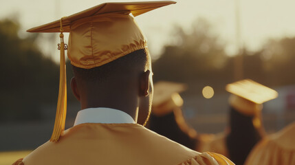 A graduate wearing a golden cap and gown stands among fellow graduates during a sunset ceremony. The warm light creates a celebratory atmosphere, highlighting the joy of accomplishment