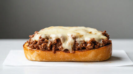 A savory open-faced sandwich features a generous layer of seasoned ground beef topped with melted cheese on a crispy bread slice. Ideal for a hearty lunch or snack option any time of day