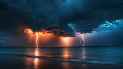 Dark storm clouds loom over the ocean as bolts of lightning strike dramatically, illuminating the beach at twilight. The scene captures the raw power and beauty of nature during a tempest