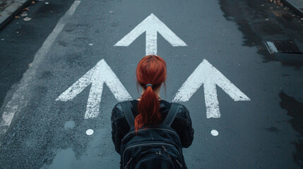 A young person with red hair and a backpack stands at a crossroads, contemplating which direction to take