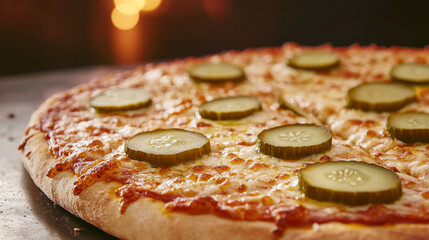 A delicious pizza featuring a golden crust, melted cheese, and sliced pickles arranged on top is presented in a warm, inviting dining atmosphere
