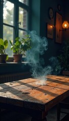 Empty wooden table with smoky haze, dimly lit surroundings, ambiance, smoke