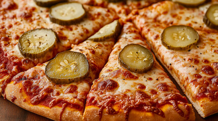 Slices of pizza are arranged on a wooden table, each topped generously with cheese and dill pickle slices. The casual atmosphere invites enjoyment of this unique culinary creation