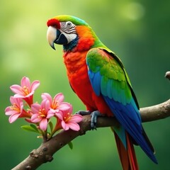 Obraz premium Vibrant parrot on flowering branch, soft focus background, blur, bokeh