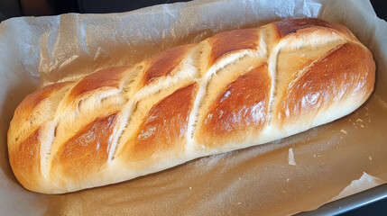 A long, braided loaf of bread with a deep golden brown crust is displayed on parchment paper in a warm kitchen. The soft texture and intricate weaving make it an inviting centerpiece for any meal