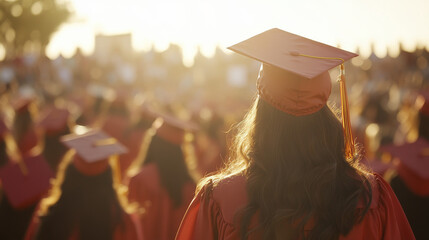 A crowd of graduates wearing red caps and gowns celebrates their achievements during a ceremony. The sun sets in the background, casting a golden light over the joyful scene