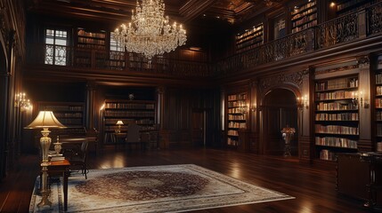 Obraz premium Grand, opulent library interior with dark wood, bookshelves, chandelier, and Persian rug.