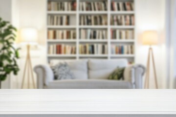 Bright white rectangular wooden table with even lighting and blurred cozy reading nook background featuring built-in bookshelf and armchair
