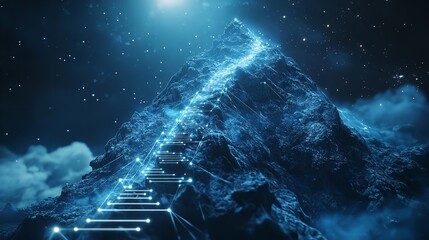 Ascending The Digital Peak, A Journey Of Innovation Illuminated By Glowing Pathways Across A Majestic, Dark Blue Mountain Under A Starry Night Sky