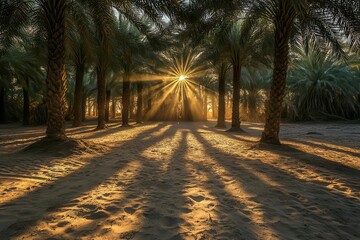 a mysterious palm grove at twilight dramatic shadows casting intricate patterns on sandy ground ethereal backlight creating a dreamy silhouette effect