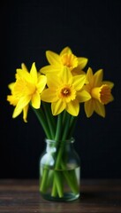 Fototapeta premium Vibrant yellow daffodils cluster in a glass vase, dark backdrop , nature, celebration