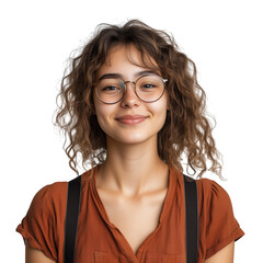 Obraz premium Portrait of a smiling female student with glasses, curly hair, and suspenders on transparent background. Ai Generate