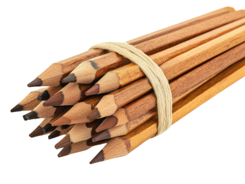 A bundle of sharpened pencils tied with a rubber band, isolated on transparent background, PNG background - Powered by Adobe