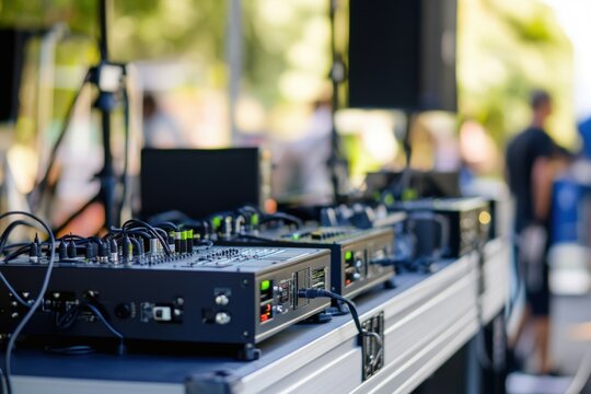 Event technology setup with behind-the-scenes style, detail composition and setup lighting with blurred background