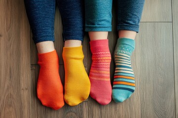Family feet in mismatched socks with indoor natural lighting and copy space