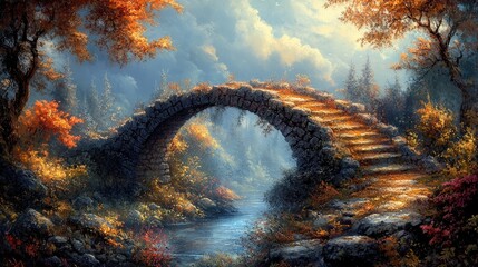 Autumnal stone bridge over creek, misty forest