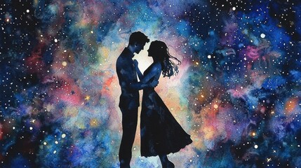 A couple is shown in a painting of a galaxy, with the man