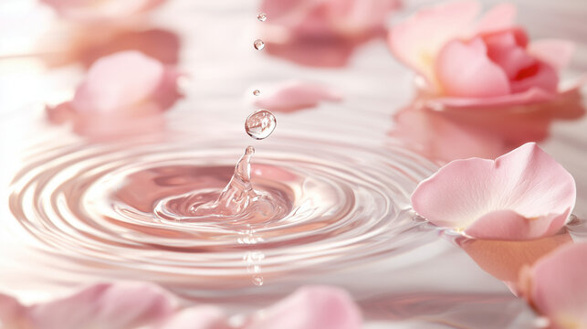 Swirling ripple water with clear droplet and pale pink rose flower petals represent pure and beauty from organic nature extracted ingredient.