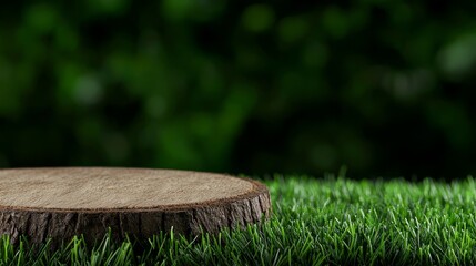 Fototapeta premium Natural Tree Stump Platform Stage for Product Showcase in Lush Green Setting Environment Display Background