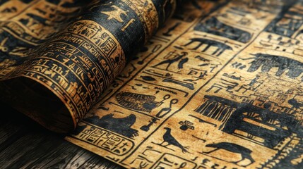 Ancient scroll unfolds revealing hieroglyphs and images of the past.