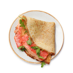 Delicious crepe with salmon and arugula isolated on white, top view
