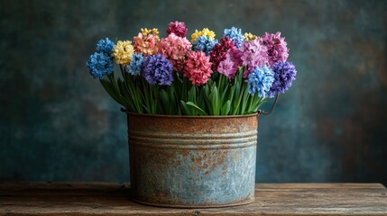 Colorful hyacinths in rustic tin bucket, still life, soft focus