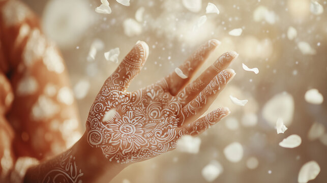 White henna with intricate motifs on a bride's hands, floral and paisley designs adorn the fingers and palms, soft and elegant details, ai generated images.