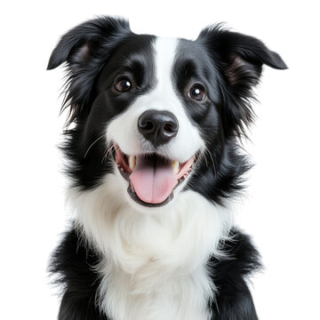 Fototapeta Portrait of black and white border collie dog, with its tongue out, smiling on transparent background