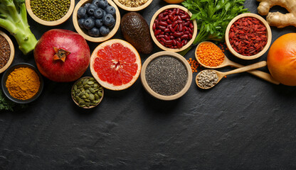 Superfood. Different healthy food products on grey table, flat lay. Space for text