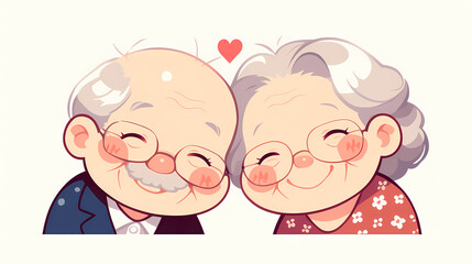 Charming illustration of an elderly couple smiling warmly at each other, surrounded by a heart symbol