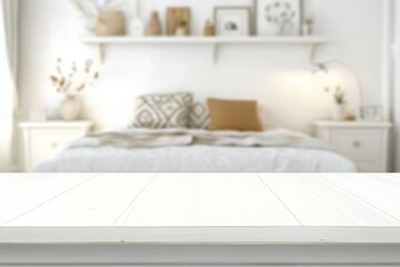 Bright white rectangular wooden table with even lighting and blurred cozy bedroom background featuring bed and nightstands
