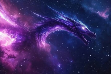a mystical cosmic dragon soaring through nebulous space iridescent scales shifting between deep sapphire and violet trailing stardust and ethereal energy