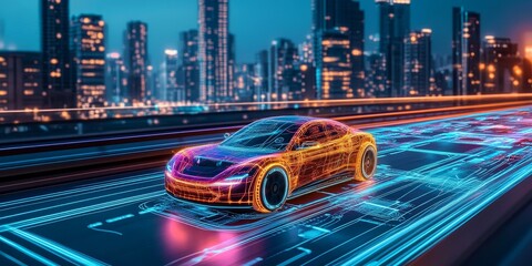 Futuristic Electric Car Neon Cityscape Night Drive Technology art road speed lines modern design    