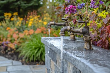 Antique faucets pour water into a stone sink surrounded by