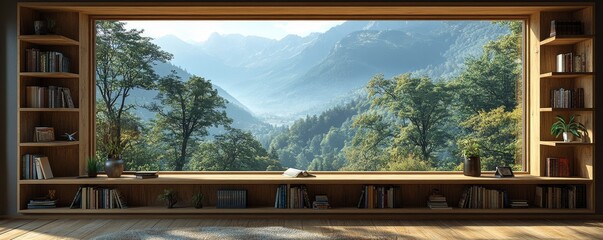 Tranquil Mountain Vista Window Seat with Wooden Bookshelves Offering a Serene Nature Escape
