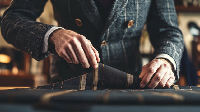 A tailor measuring fabric for a custom suit, work, photo style